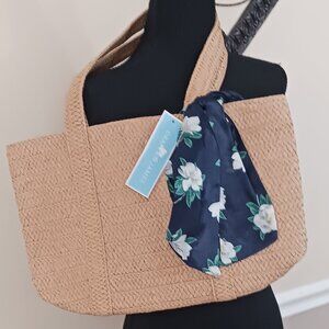 NWT Draper James Straw Shoulder Bag With Floral Scarf